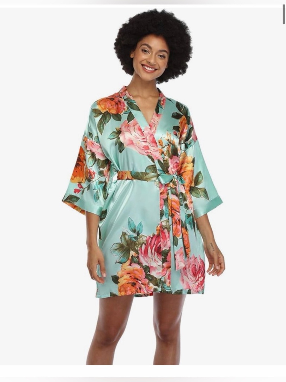 Floral Satin Short Robe in Mint